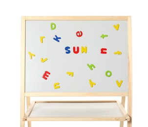 Word Sun made of magnetic letters on board against white background. Learning alphabet