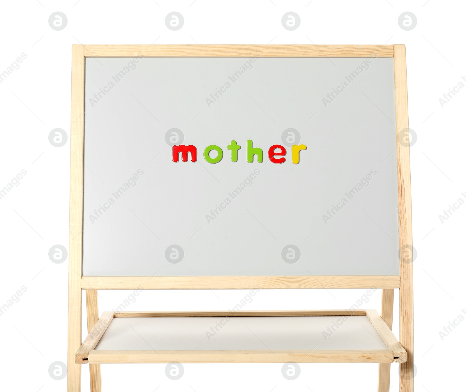 Photo of Word Mother made of magnetic letters on board against white background. Learning alphabet