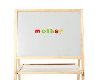 Word Mother made of magnetic letters on board against white background. Learning alphabet