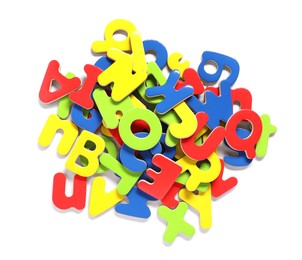 Learning alphabet. Bright magnetic letters isolated on white, top view