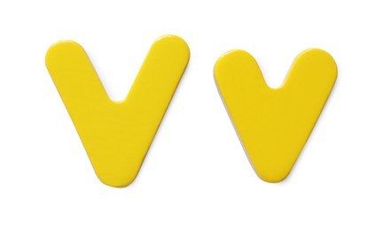 Photo of Uppercase and lowercase yellow magnetic letter V isolated white