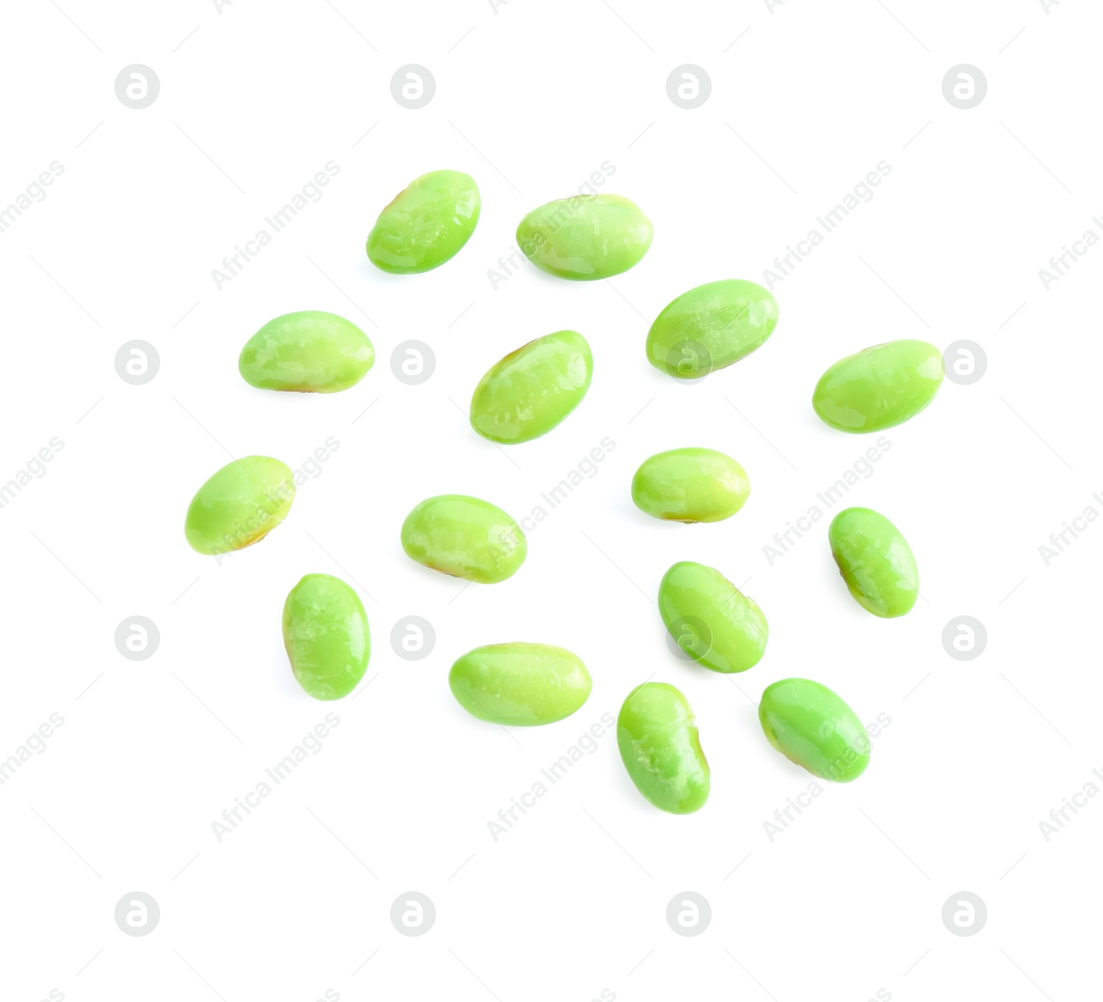 Photo of Raw green edamame soybeans isolated on white, top view