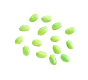 Photo of Raw green edamame soybeans isolated on white, top view