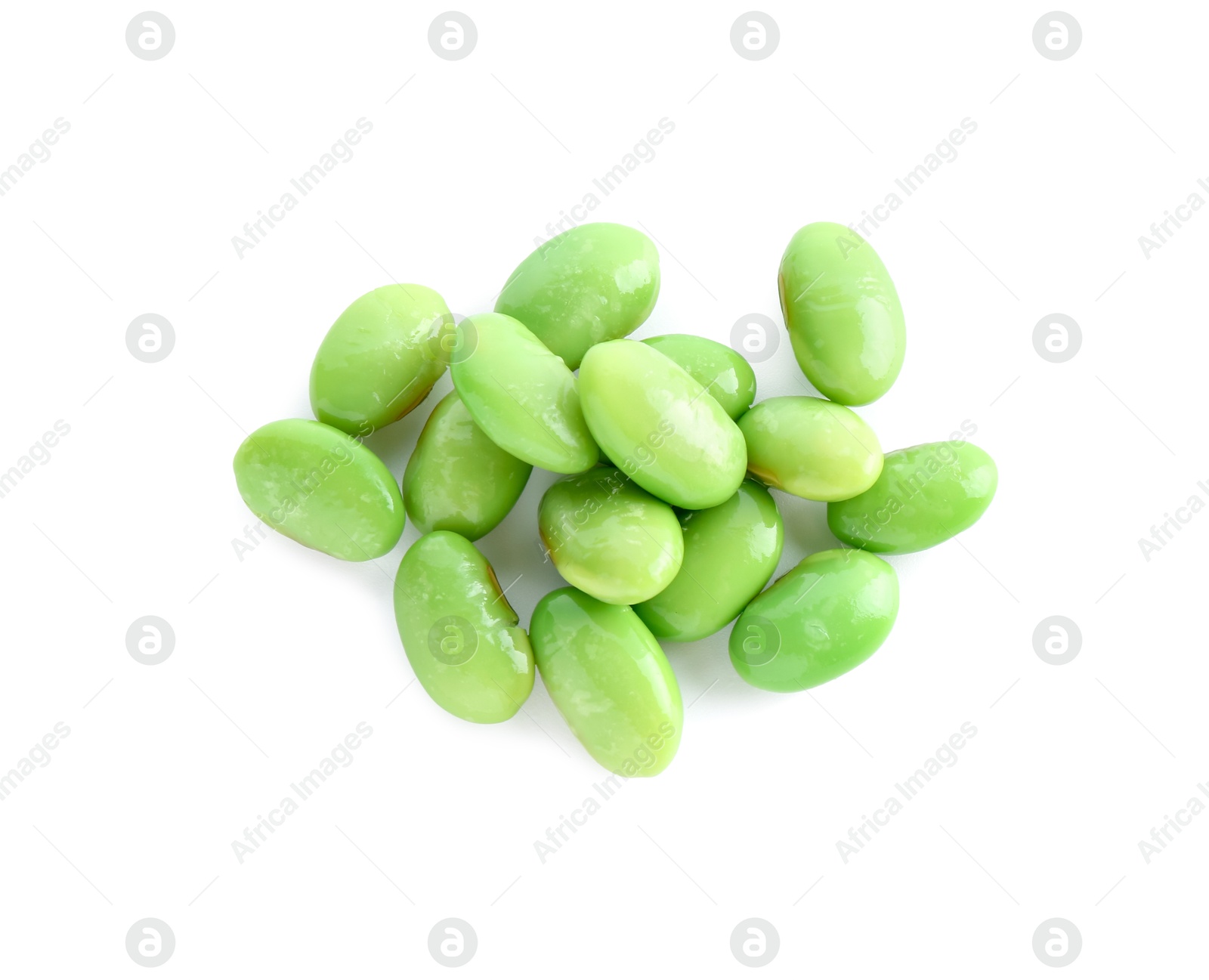 Photo of Raw green edamame soybeans isolated on white, top view