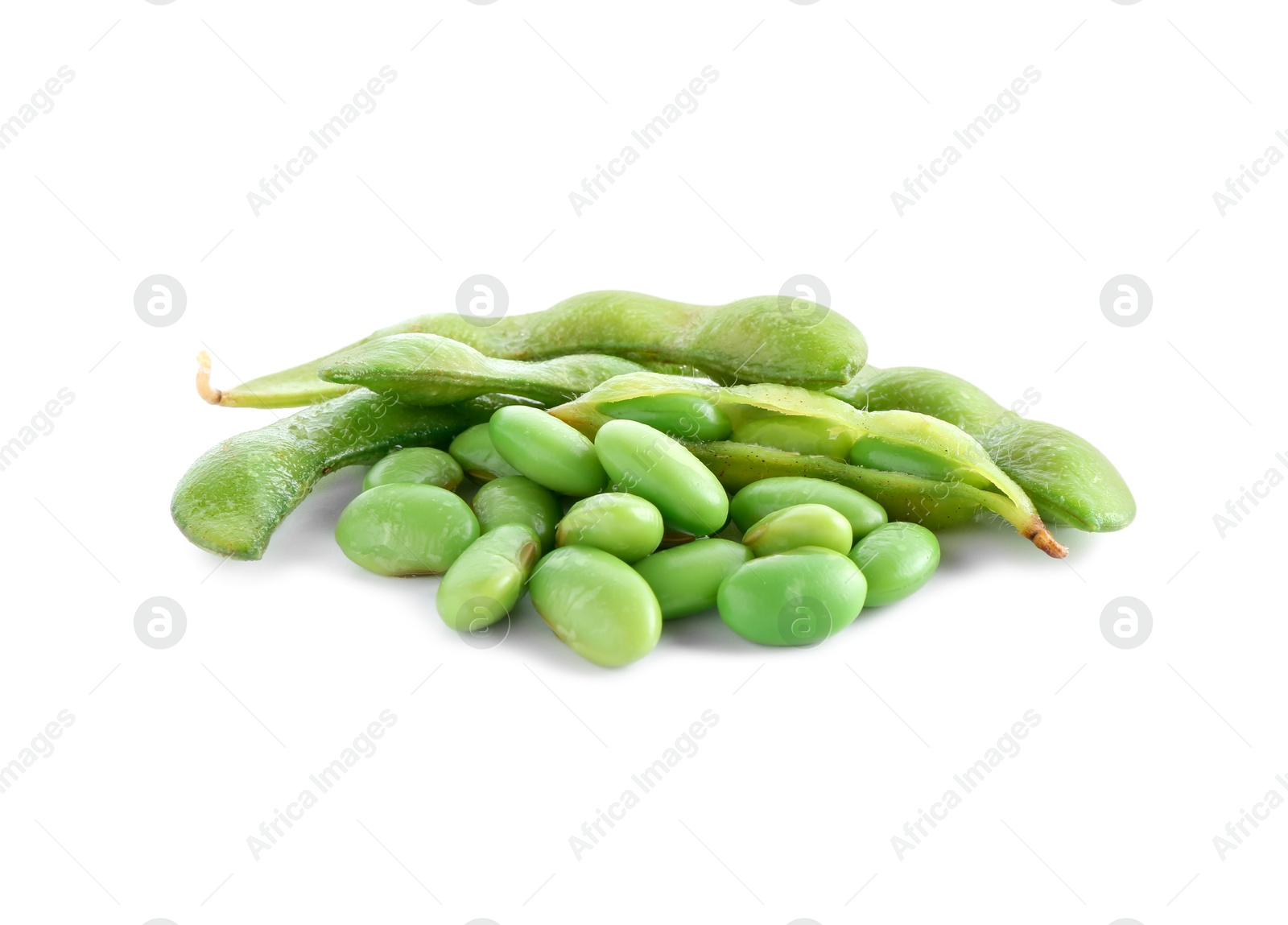 Photo of Raw green edamame soybeans and pods isolated on white