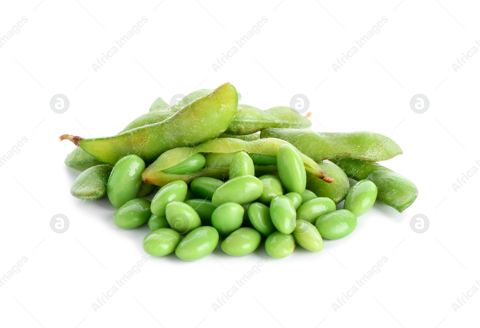 Photo of Raw green edamame soybeans and pods isolated on white