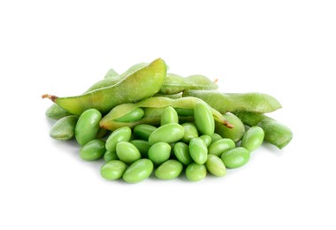 Raw green edamame soybeans and pods isolated on white