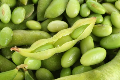 Photo of Raw green edamame soybeans and pods as background, closeup