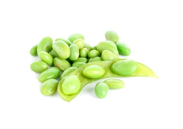 Photo of Raw green edamame pod with soybeans isolated on white