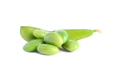 Photo of Raw green edamame pod with soybeans isolated on white