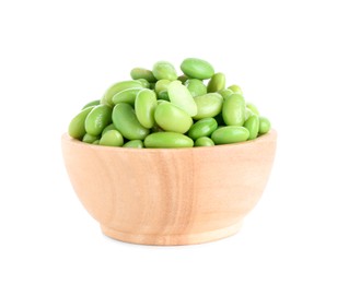 Photo of Raw green edamame soybeans in bowl isolated on white