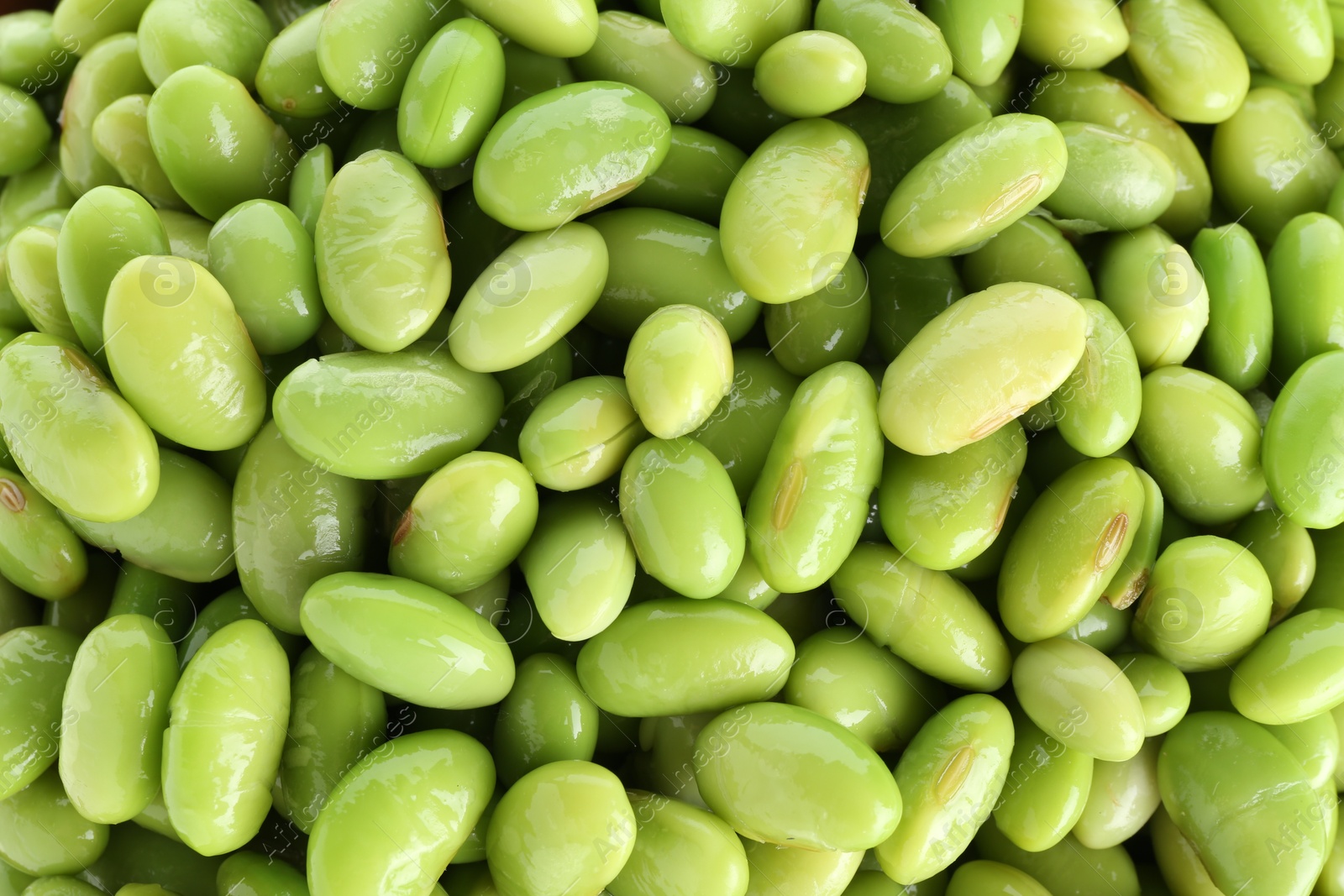 Photo of Raw green edamame soybeans as background, top view