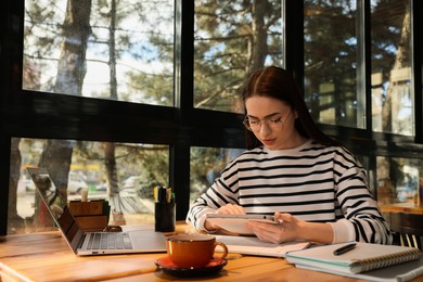 Photo of Young female student with laptop and tablet studying at table in cafe