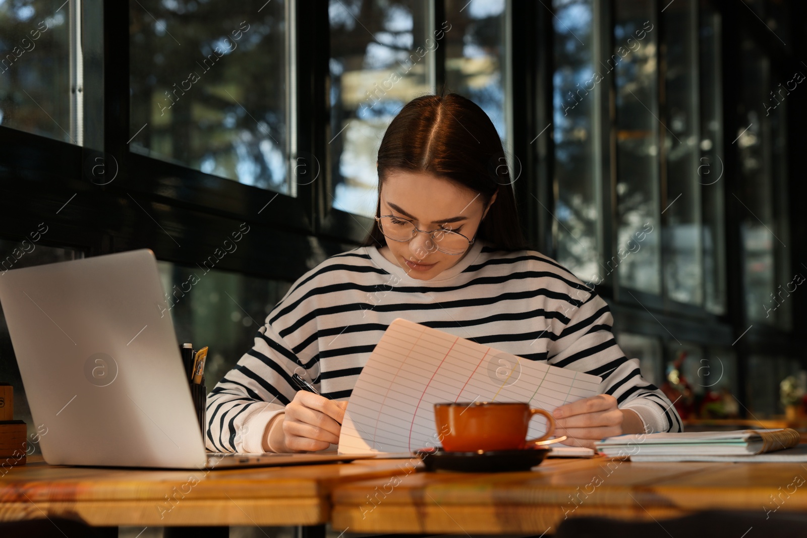 Photo of Young female student with laptop studying at table in cafe