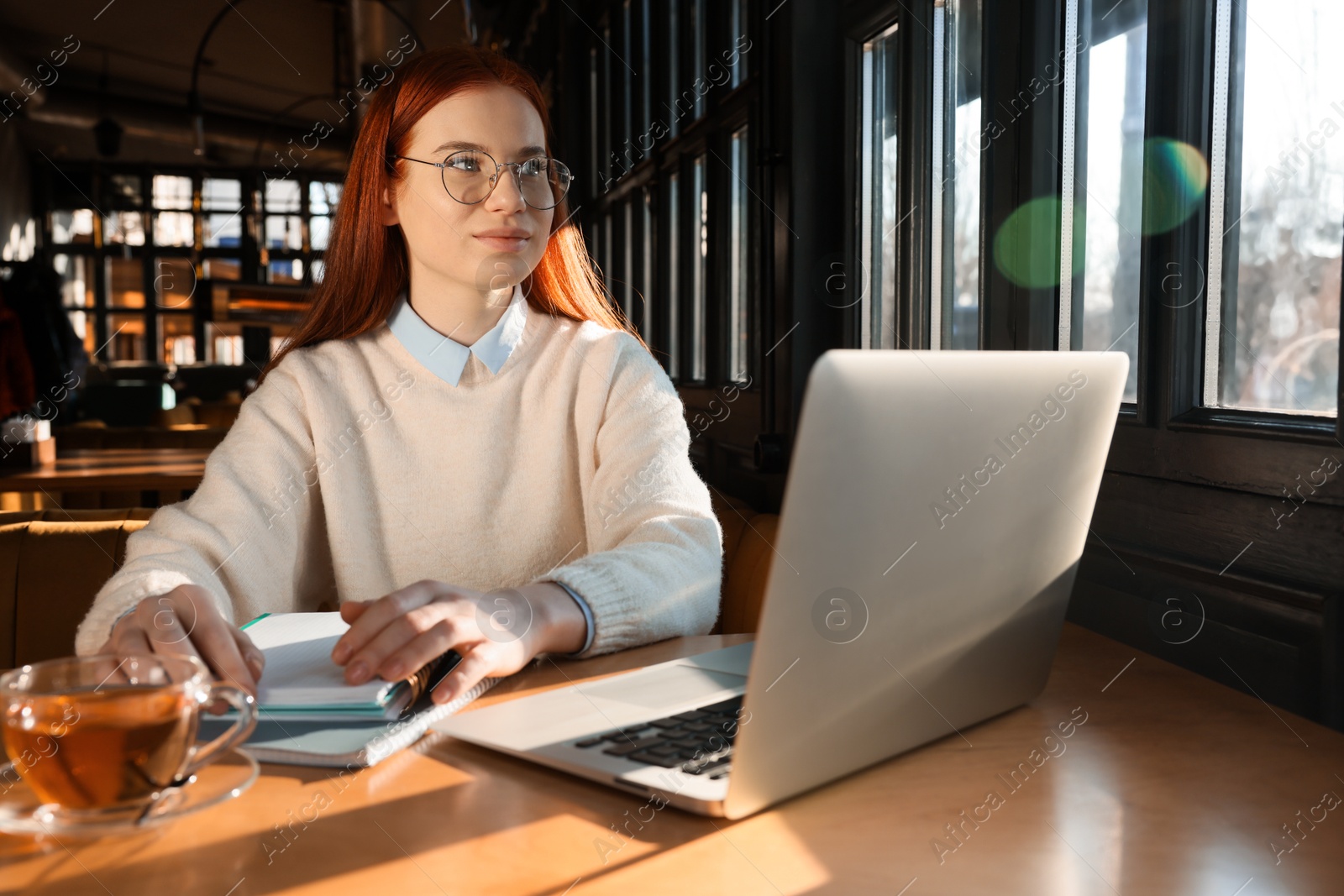 Photo of Young female student with laptop studying at table in cafe