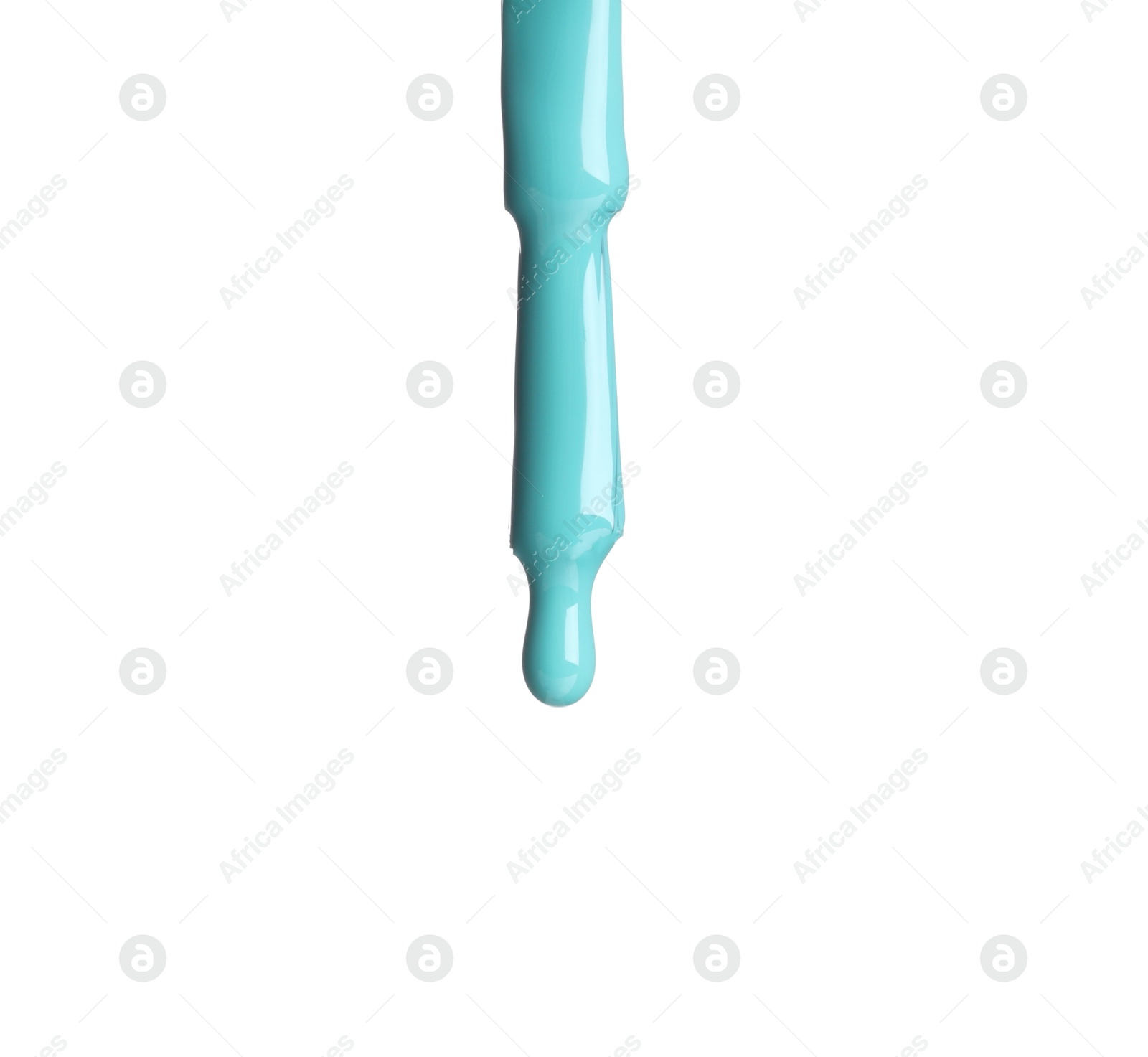 Photo of Light blue nail polish dripping from brush isolated on white