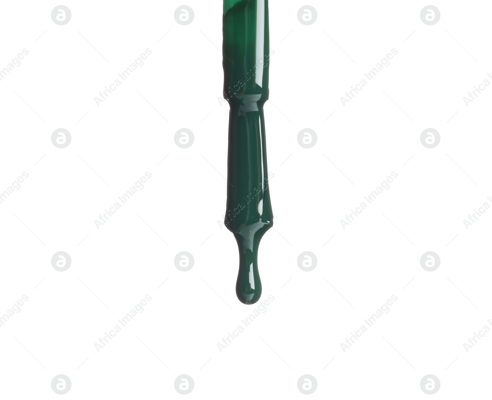 Photo of Dark green nail polish dripping from brush isolated on white