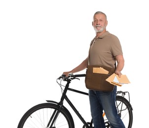 Postman with bicycle delivering letters on white background