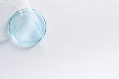 Photo of Transfer pipette and petri dish on white background, top view. Space for text