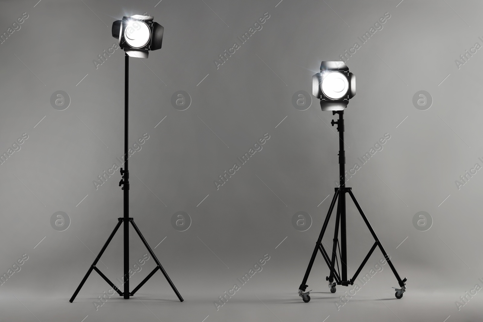 Photo of Grey photo background and professional lighting equipment in studio