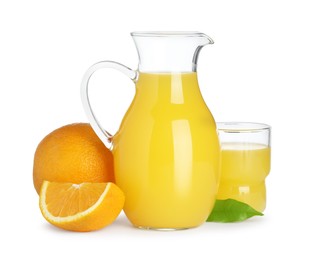 Photo of Tasty orange juice, fresh fruits and green leaf isolated on white