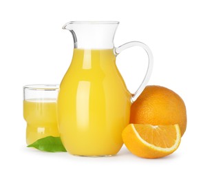 Photo of Tasty orange juice, fresh fruits and green leaf isolated on white