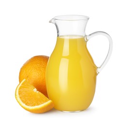 Tasty orange juice in glass jug and fresh fruits isolated on white