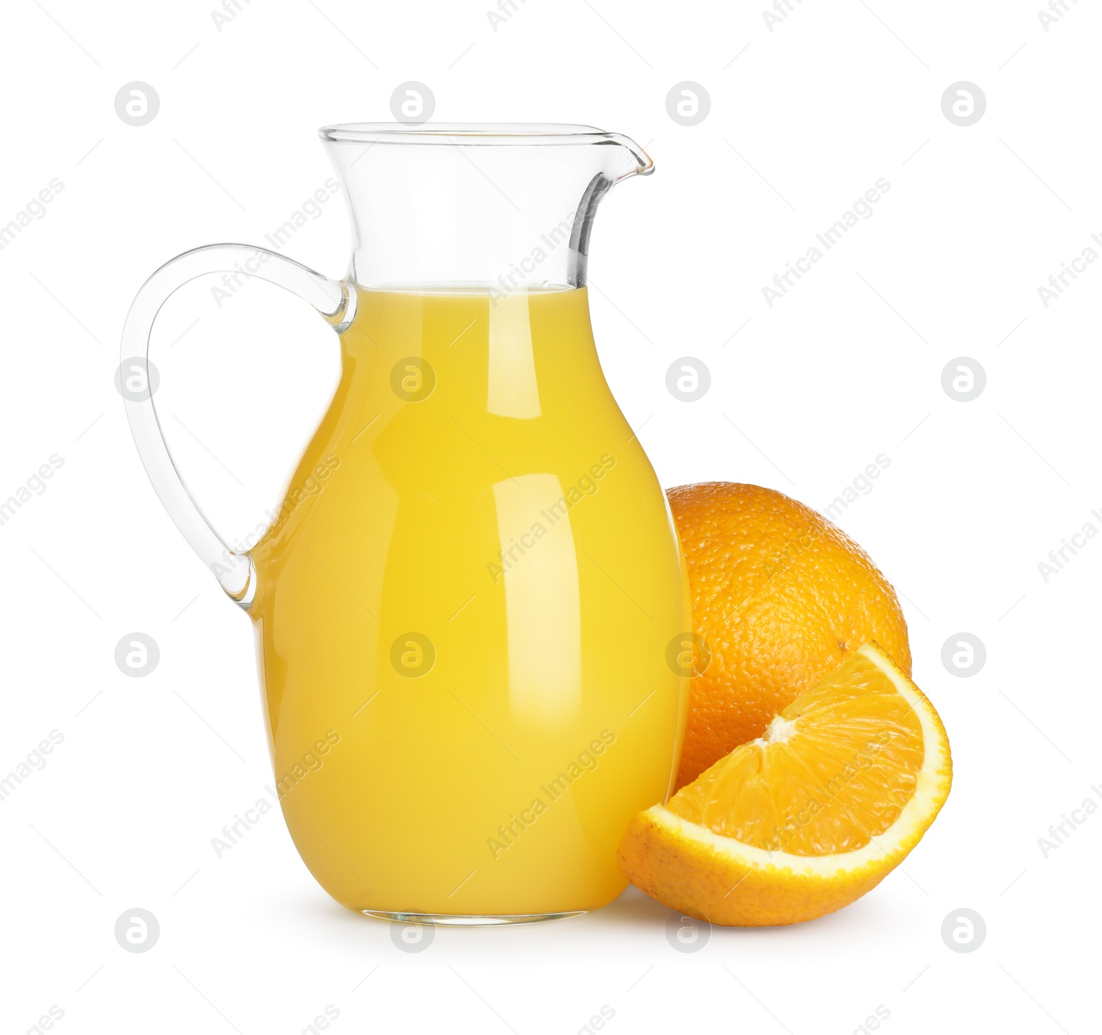 Photo of Tasty orange juice in glass jug and fresh fruits isolated on white