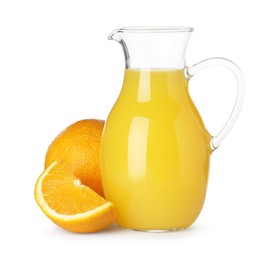 Photo of Tasty orange juice in glass jug and fresh fruits isolated on white