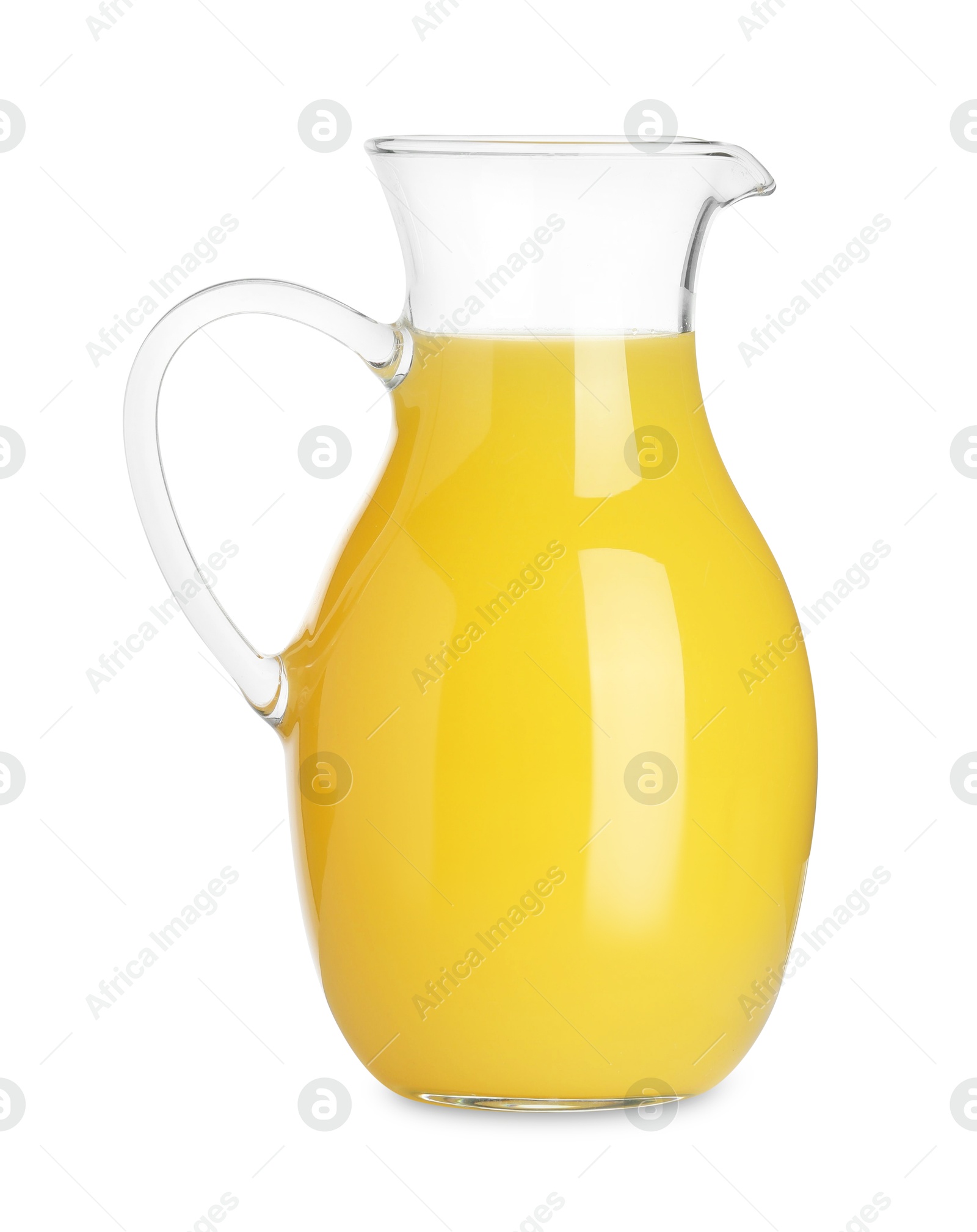 Photo of Fresh orange juice in glass jug isolated on white