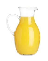 Photo of Fresh orange juice in glass jug isolated on white