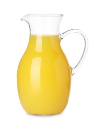 Photo of Fresh orange juice in glass jug isolated on white