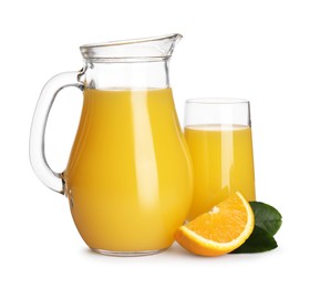 Tasty orange juice, fresh fruit and green leaves isolated on white