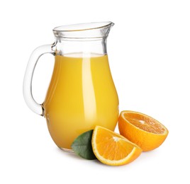 Tasty orange juice in glass jug, fresh fruits and green leaf isolated on white