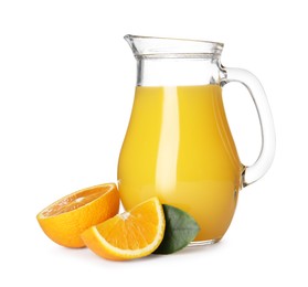 Photo of Tasty orange juice in glass jug, fresh fruits and green leaf isolated on white