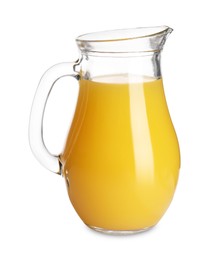 Photo of Fresh orange juice in glass jug isolated on white