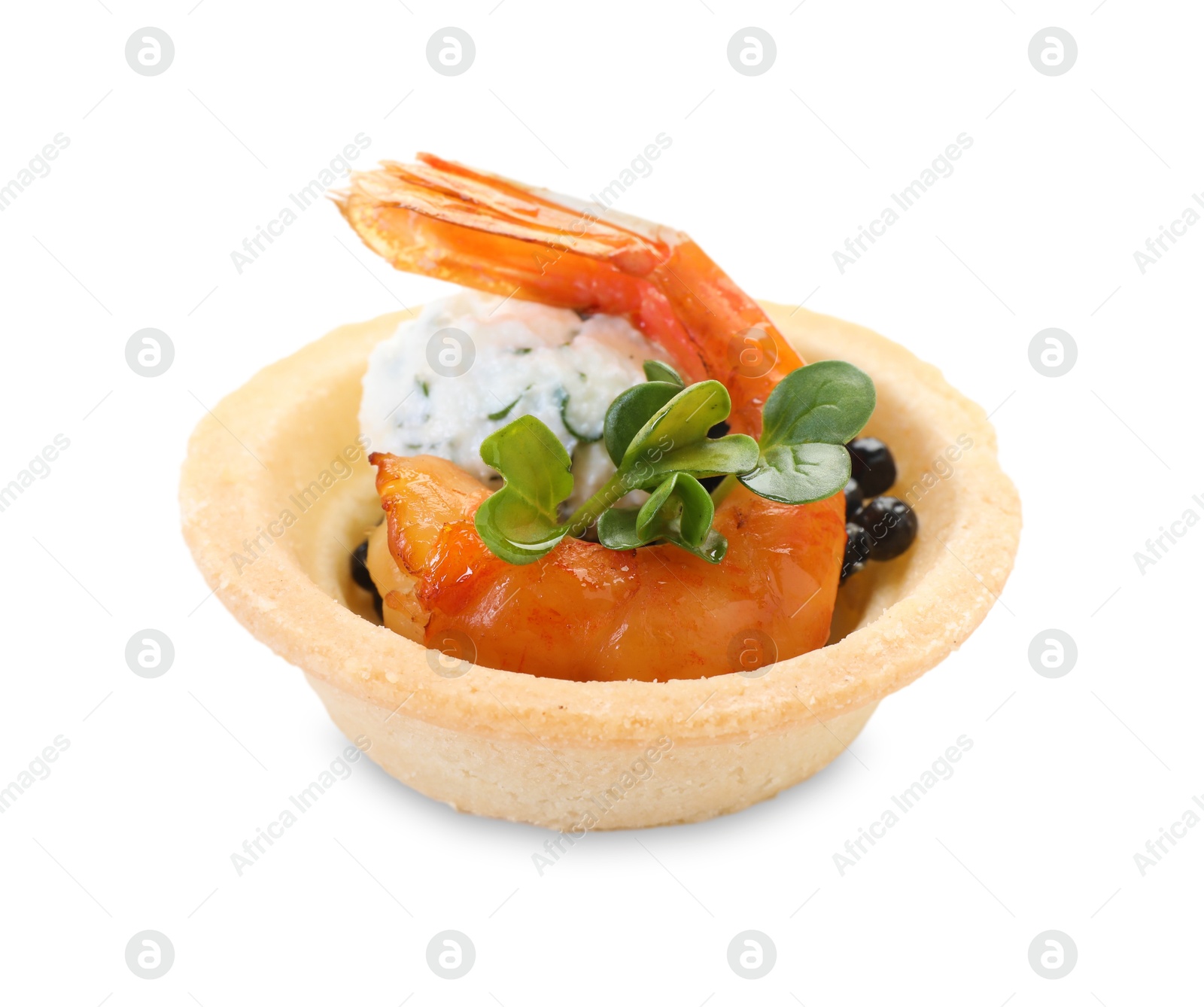 Photo of Delicious canape with shrimp and black caviar isolated on white