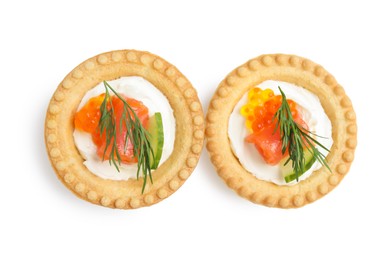 Delicious canapes with salmon and red caviar isolated on white, top view