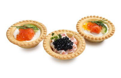 Delicious canapes with salmon and caviar isolated on white