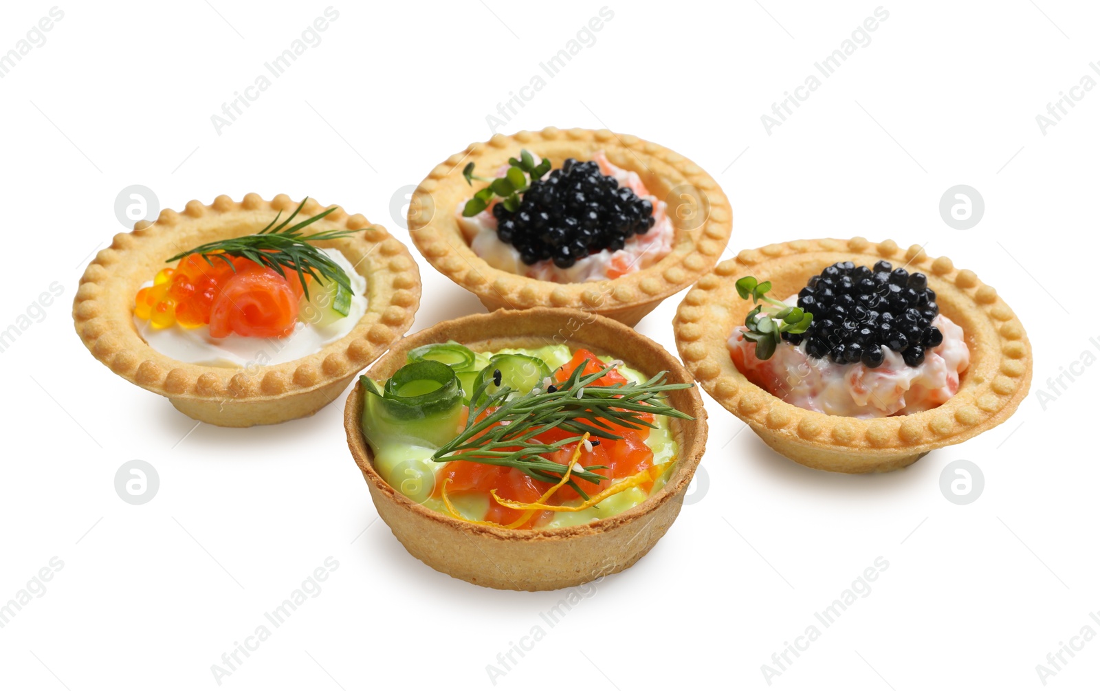 Photo of Delicious canapes with salmon and caviar isolated on white