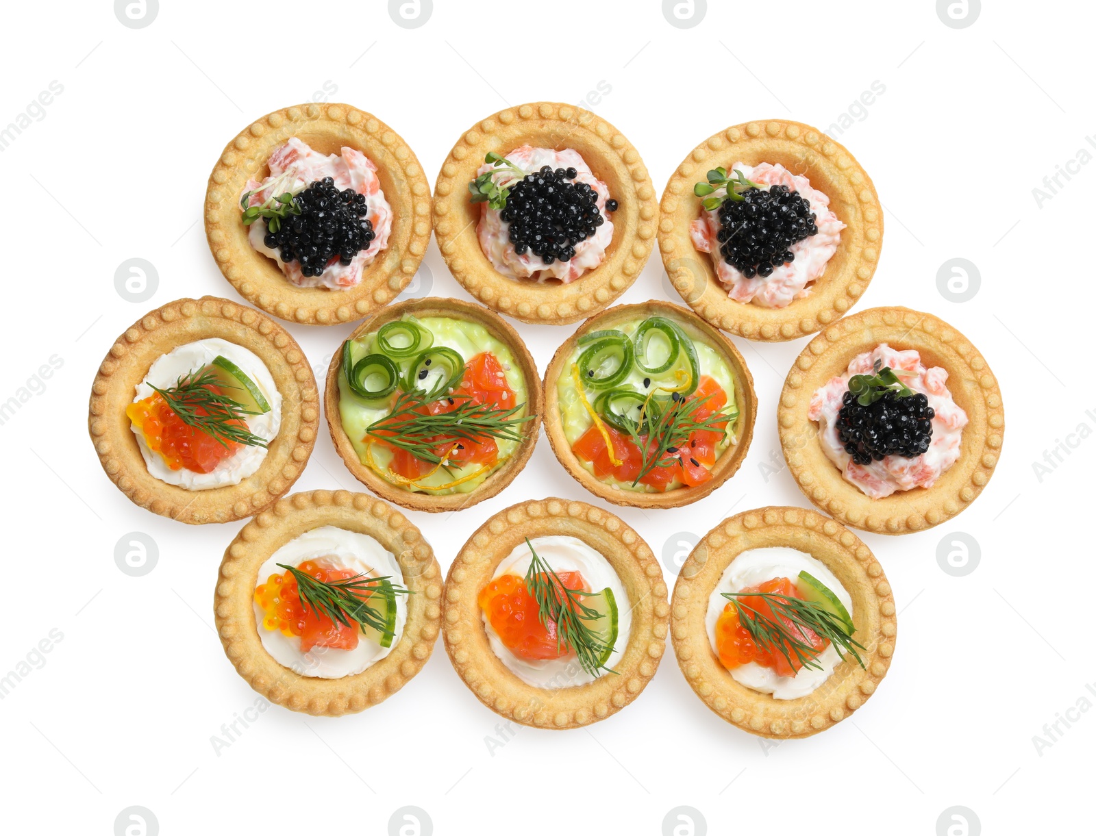 Photo of Delicious canapes with salmon and caviar isolated on white, top view