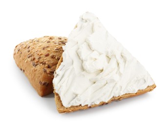 Photo of Pieces of bread with cream cheese isolated on white