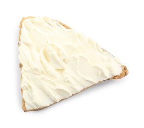 Photo of Piece of bread with cream cheese isolated on white, top view