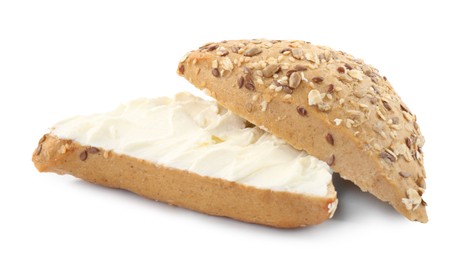 Photo of Pieces of bread with cream cheese isolated on white