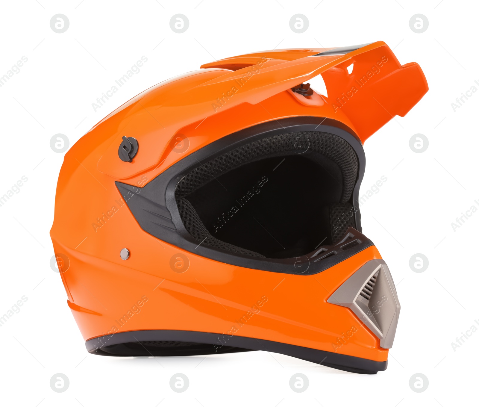 Photo of Modern orange motorcycle helmet isolated on white