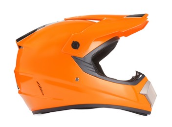 Photo of Modern orange motorcycle helmet isolated on white