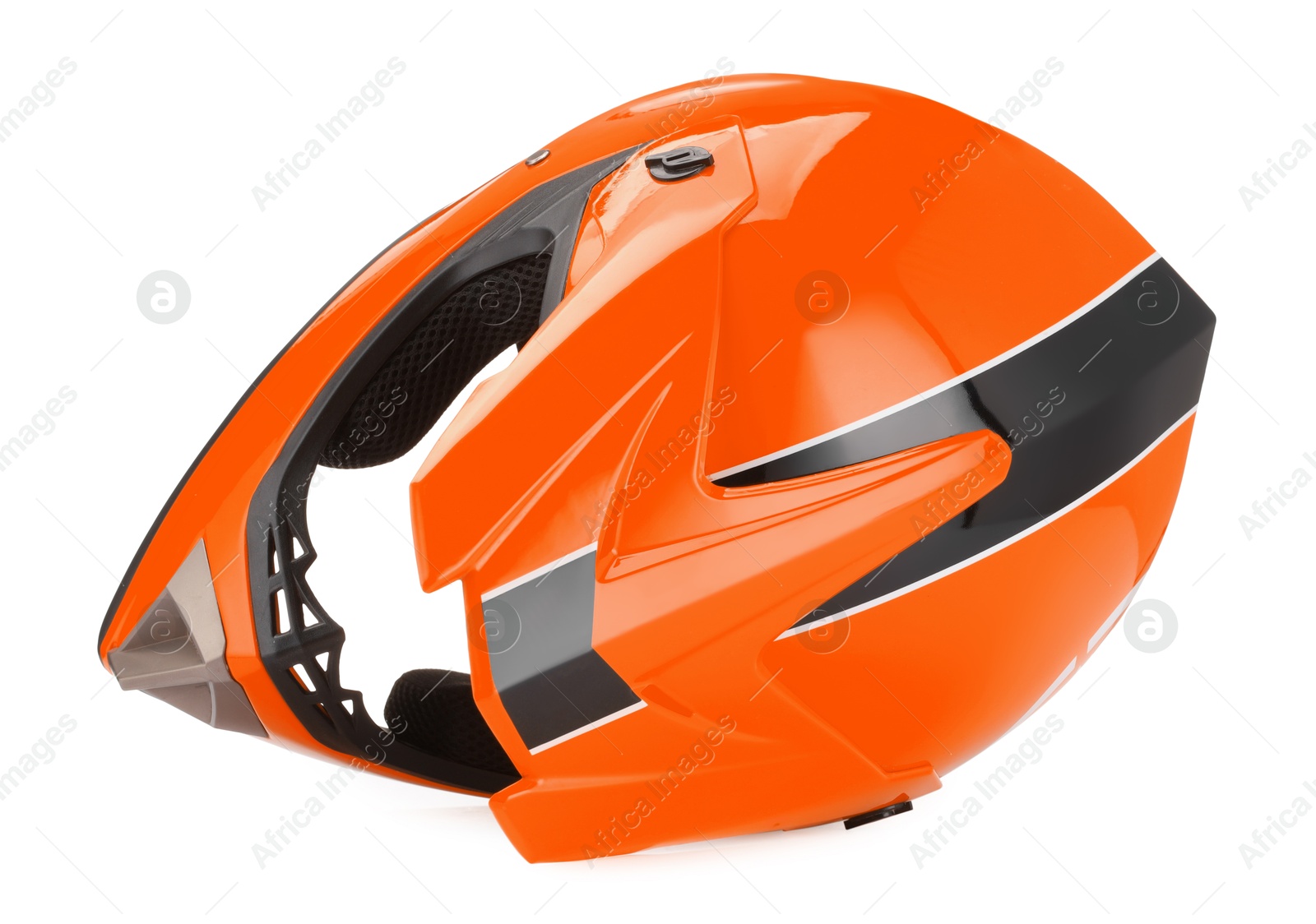 Photo of Modern orange motorcycle helmet isolated on white