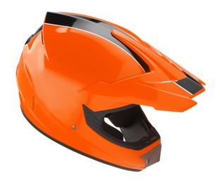 Photo of Modern orange motorcycle helmet isolated on white