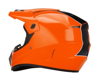 Photo of Modern orange motorcycle helmet isolated on white