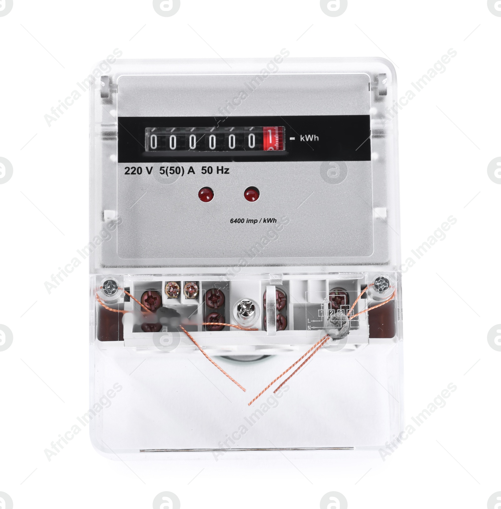 Photo of Electric meter isolated on white. Energy measuring device